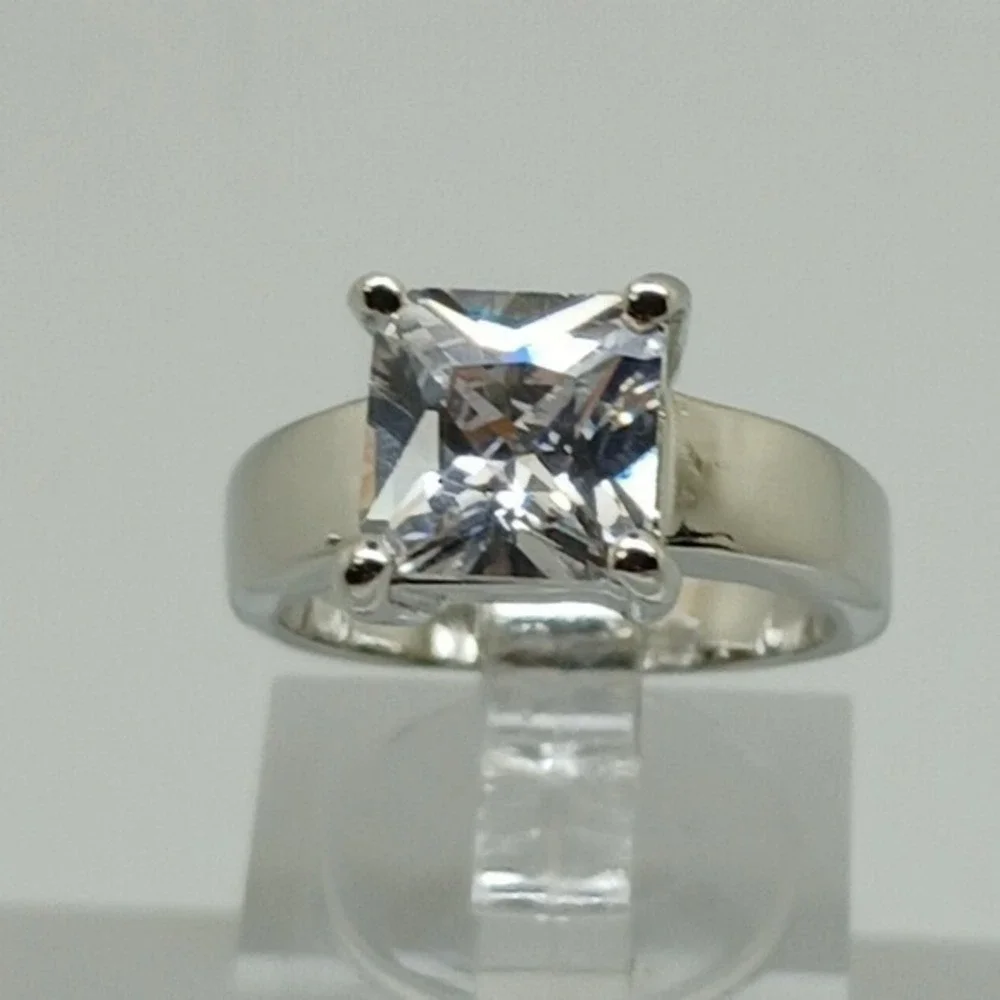Vintage 90s Princess Cut Sim Diamond Solitaire Ring Silver Tone Wide Band Size 9